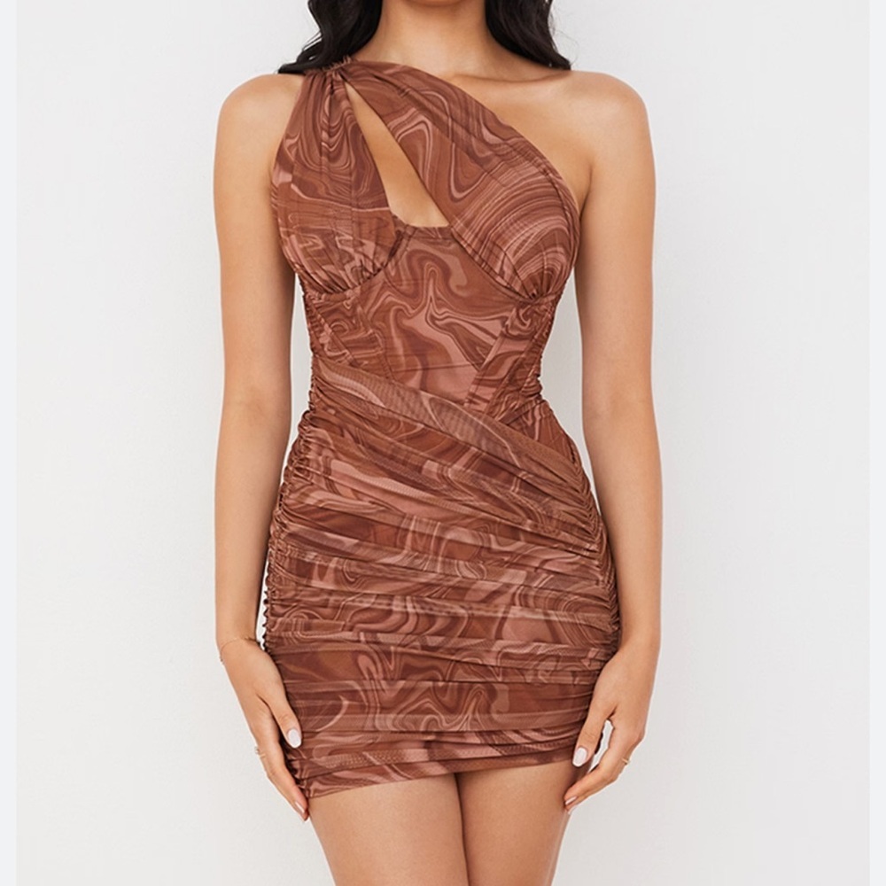 House of CB Brown One-Shoulder Cutout Mini Dress - Picture 2 of 11